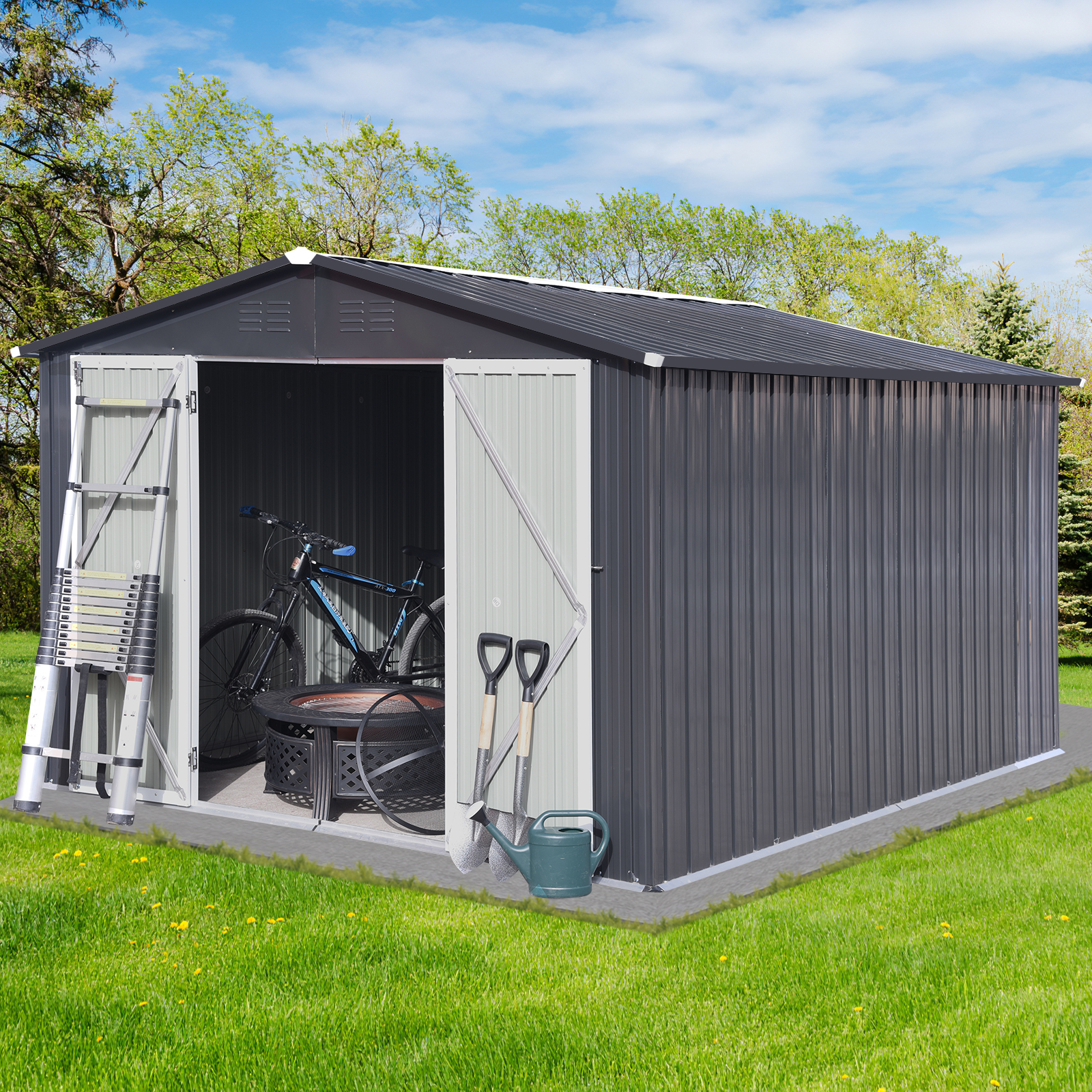 10x12FT Outdoor Metal Storage Shed Tool Bike Generator Weatherproof with Shutter Vents Floor for Garden Patio Backyard, Dark Gray
